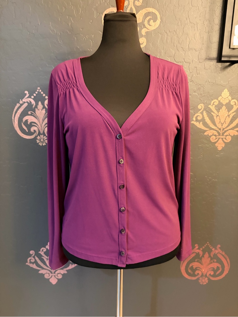 Sag Harbor Purple Button-Down V-Neck Long Sleeve Top